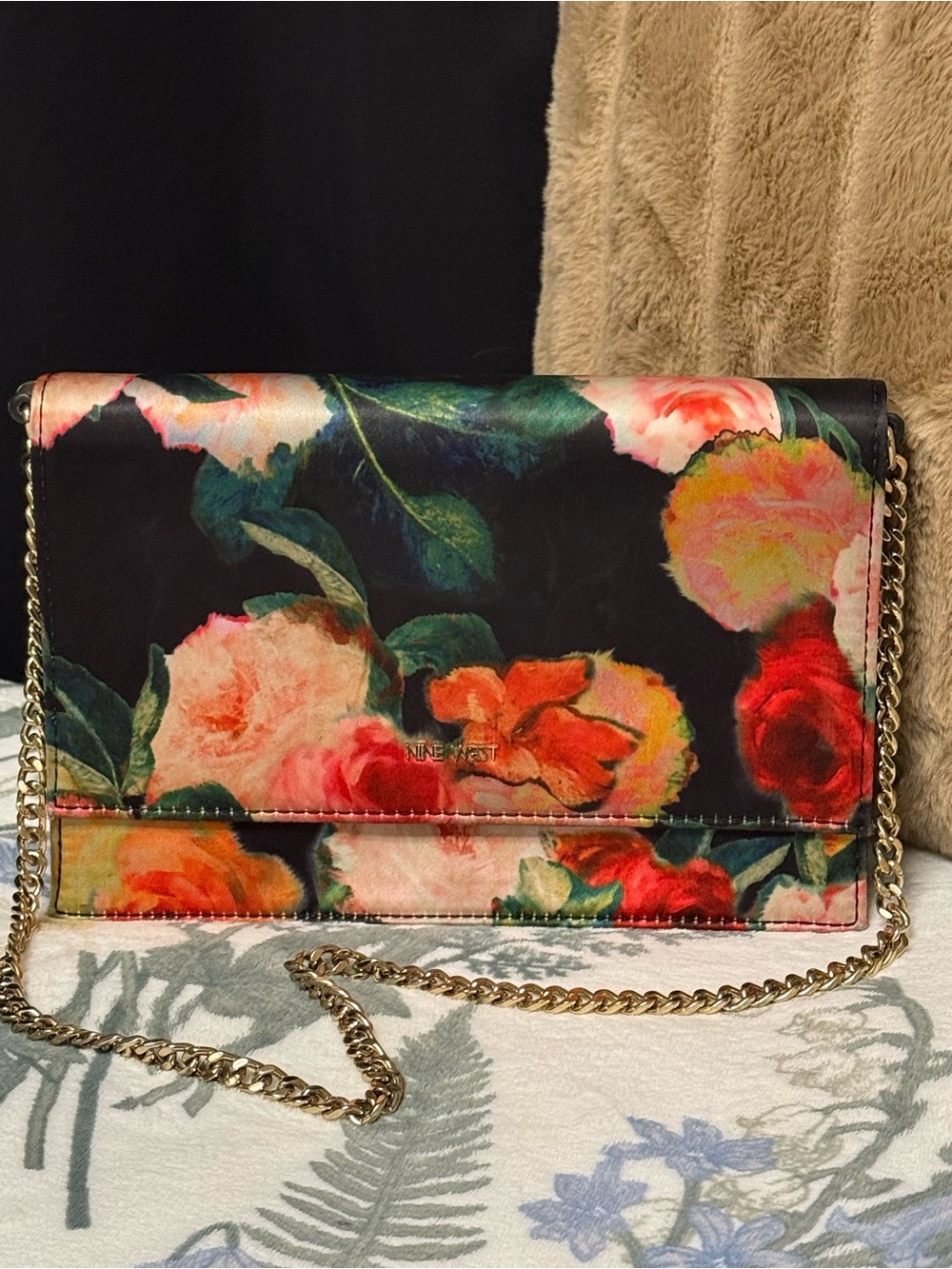 Nine West Floral Satin Crossbody Clutch with Metallic Gold Interior - Picture 2 of 6